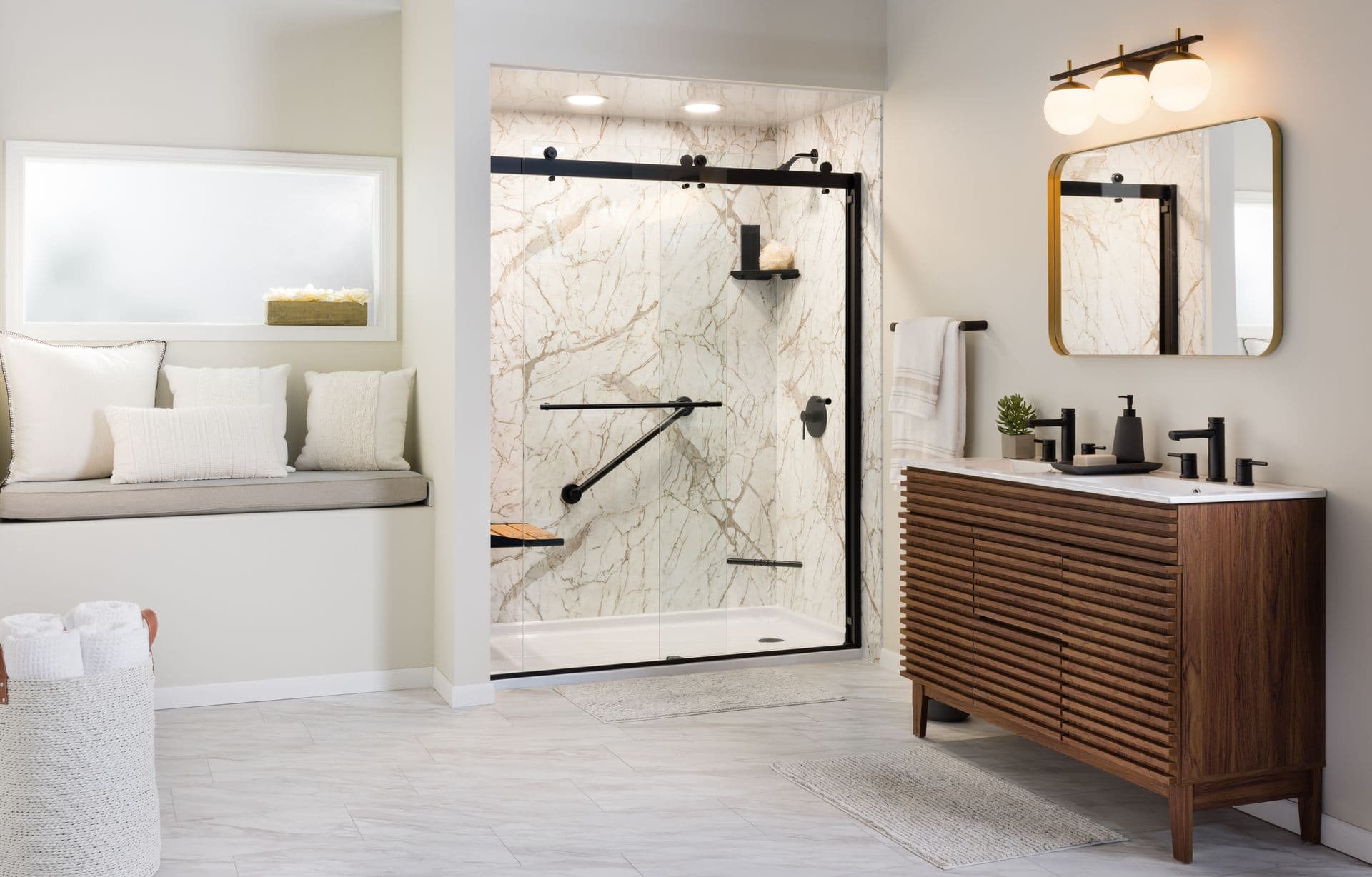 Bathroom with walk in shower and brown vanity