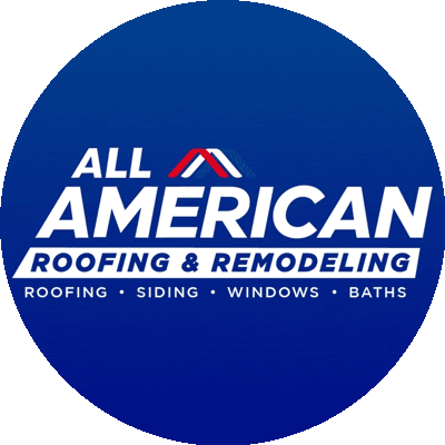 All American Roofing & Remodeling logo with roof icon, offering roofing, siding, windows, and bath services